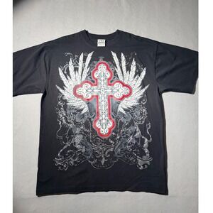 Vintage Pro Power‎ T-Shirt Men 2XL Black Gothic Winged Cross Graphic Heavyweight